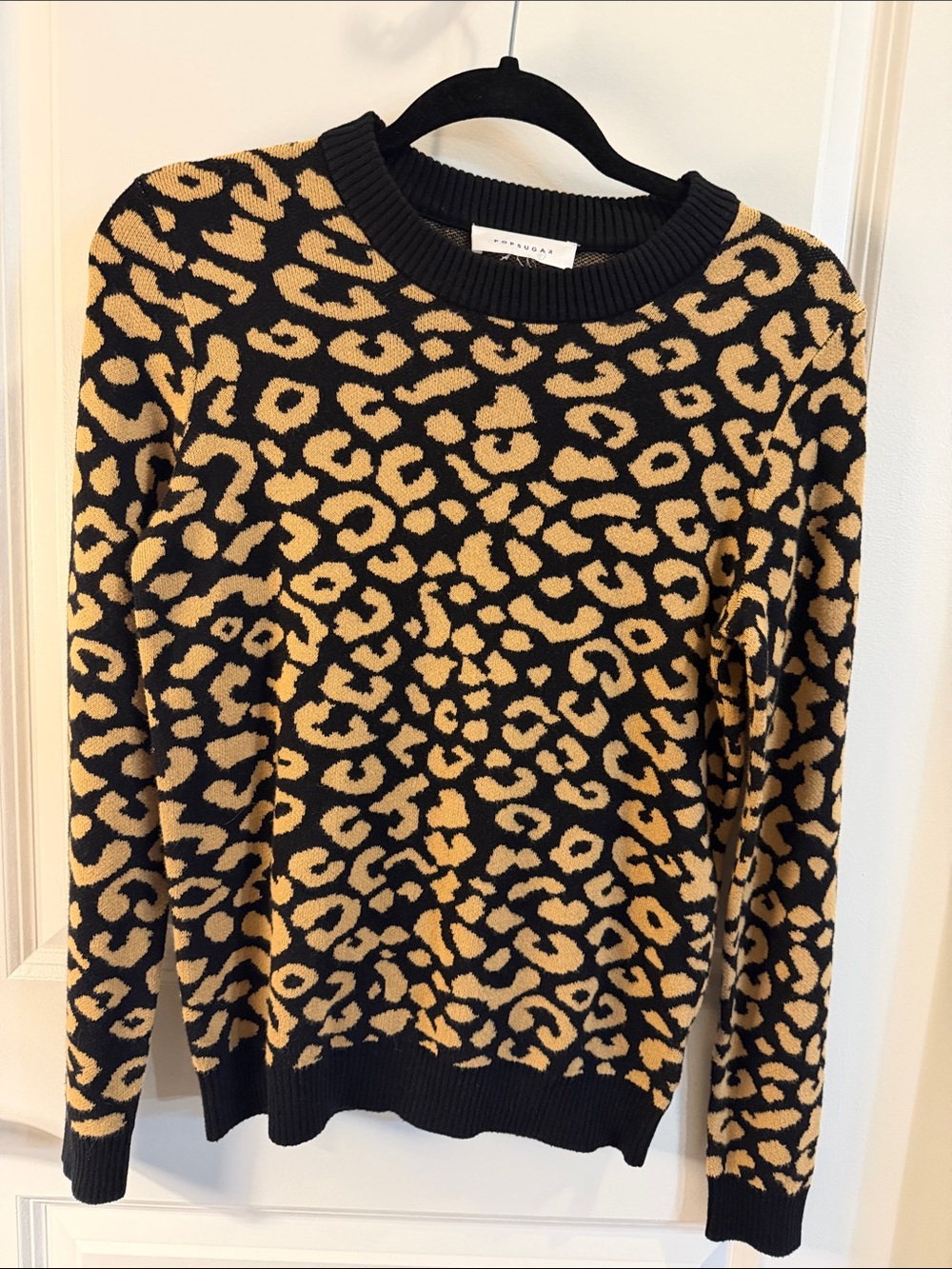 POPSUGAR Black and Tan Leopard Knit Crewneck Sweater